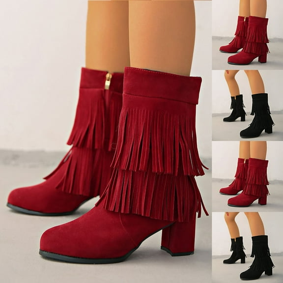Miluxas Mid Calf Fringe Boots for Women Chunky Heels Cowgirl Western Tassel Suede Boots Retro Side Zipper High Heel Fashion Casual Pull on Boots Red 9(42)