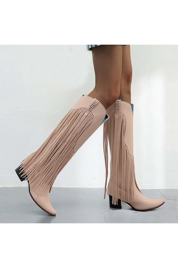 Mid Calf Fringe Boots for Women Cowboy Pointed Toe Chunky Heels Cowgirl Western Tassel Boots Beige 5.5(36)