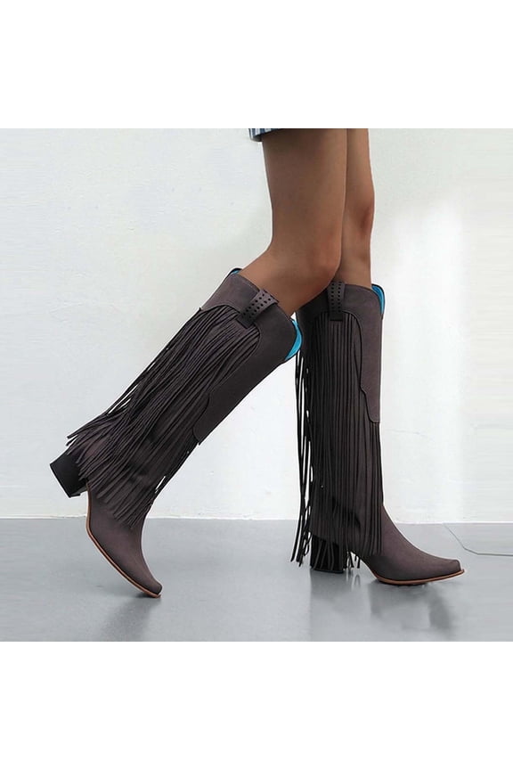 Mid Calf Fringe Boots for Women Cowboy Pointed Toe Chunky Heels Cowgirl Western Tassel Boots Gray 7.5(40)