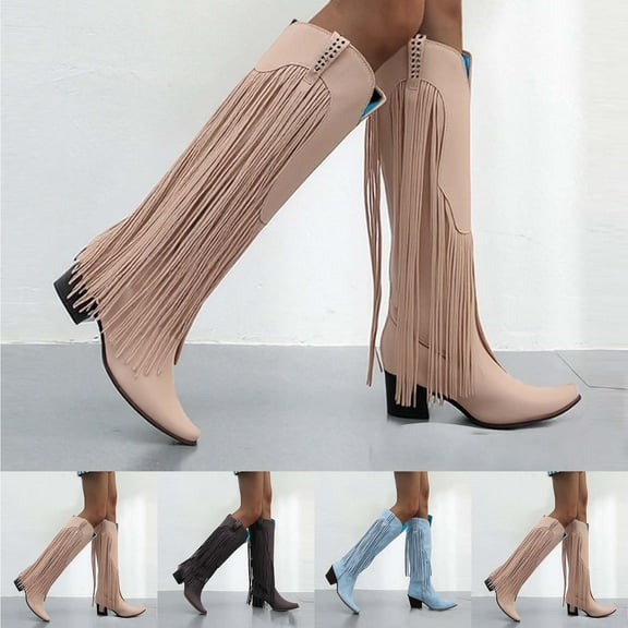 Miluxas Mid Calf Fringe Boots for Women Cowboy Pointed Toe Chunky Heels Cowgirl Western Tassel Boots Light Blue 9.5(43)