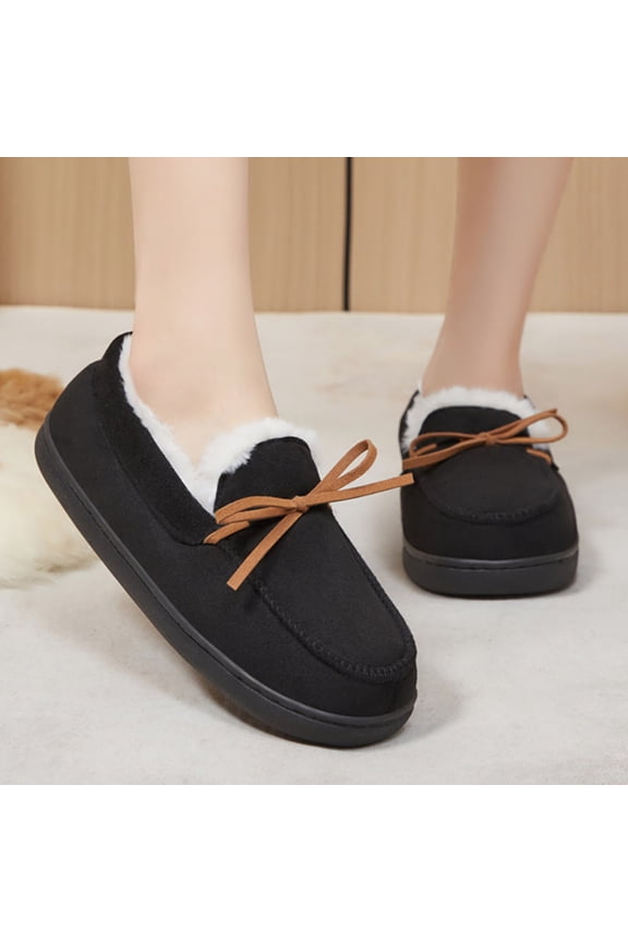 Moccasin Slippers for Women - Fleece Shoes for Indoor Use - Comfortable Slip-On House Slippers Black 7.5(40)