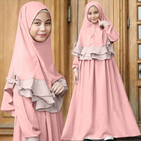 Miluxas Muslim Dress for Girls, Long Sleeve One-Piece Islamic Prayer Dress with Hijab Pink 6-7 Years