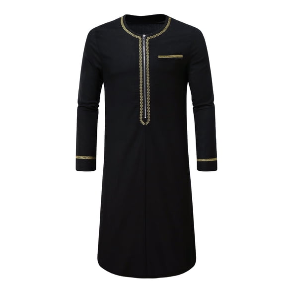 Miluxas Muslim Robe for Men Arab Long Sleeve Kaftan Islamic Arabic Abaya Thobe Ramadan Middle East Islamic Cloth Shirt Gown Black