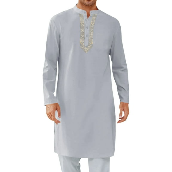 Miluxas Muslim Robe for Men Arab Long Sleeve Kaftan Islamic Arabic Abaya Thobe Ramadan Middle East Islamic Cloth Shirt Gown Gray