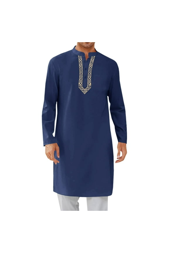 Muslim Robe for Men Arab Long Sleeve Kaftan Islamic Arabic Abaya Thobe Ramadan Middle East Islamic Cloth Shirt Gown Navy