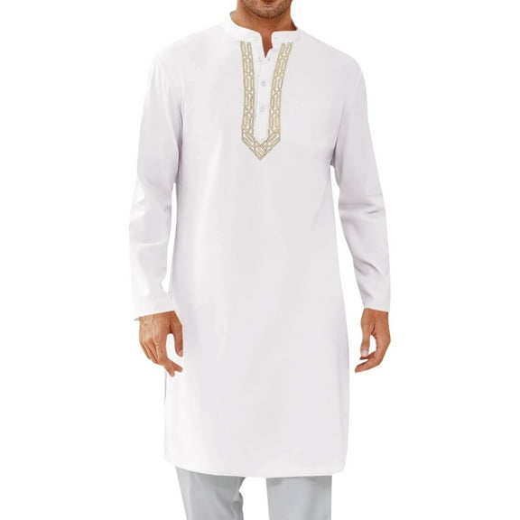 Miluxas Muslim Robe for Men Arab Long Sleeve Kaftan Islamic Arabic Abaya Thobe Ramadan Middle East Islamic Cloth Shirt Gown White