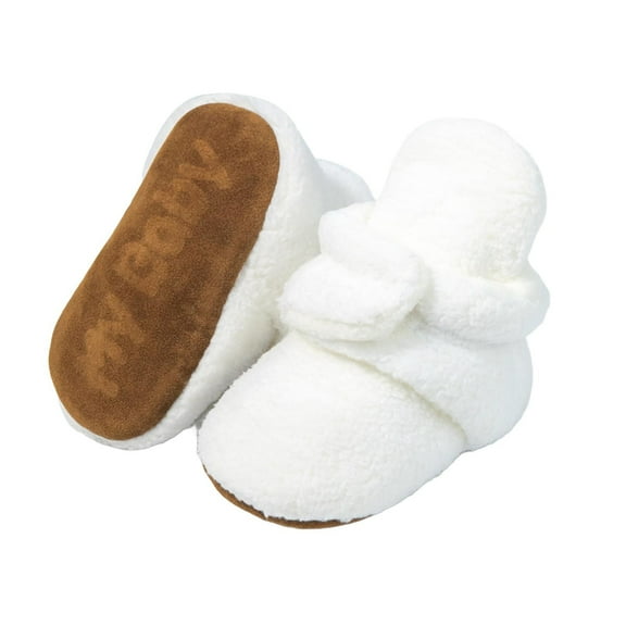 Miluxas Newborn Baby Cotton Booties Stay On Slipper Winter Warm Soft Shoes Non-Skid Infant Ankle Boots Crib Shoes White 6 Months