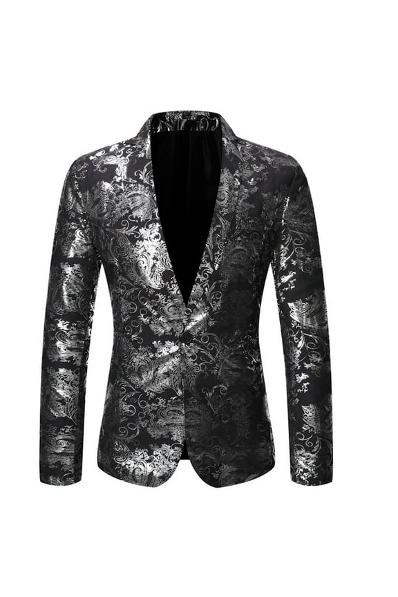 Nightclub official Party Performance Host Blazer Floral Print Coat Suit Elegant Regular Fitted Single Breasted Jacket Silver