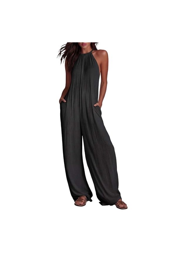 One Piece Jumpsuits for Women Dressy Casual Sleeveless Halter Backless Wide Leg Rompers Pleated Beach Vacation Jumpers Summer Outfits Black