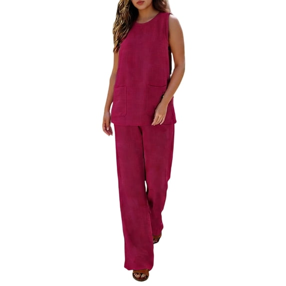 Miluxas Pants Sets Women 2 Piece Sets Sleeveless Round Neck Tank Tops Matching Wide Leg Pants Summer Casual Outfits Hot Pink