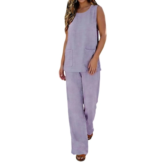 Miluxas Pants Sets Women 2 Piece Sets Sleeveless Round Neck Tank Tops Matching Wide Leg Pants Summer Casual Outfits Purple