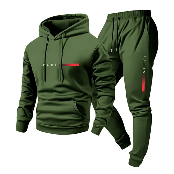 Miluxas Paris Men's Printed Hoodie with Pocket, Long Sleeve, Elastic Waist, Pocket, Long Pants, Two Piece Sport Set Army Green