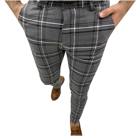 Miluxas Plaid Pants for Men, Mens Skinny Stretch Slim fit Chinos Golf Business Dress Casual Pants Dark Gray