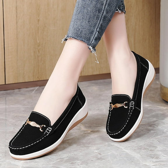 Miluxas Platform Loafers Women with Chain, Round Retro Toe Comfortable Slip On Work Loafers Black 7(39)