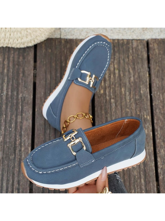 Platform Loafers Women with Chain, Round Retro Toe Comfortable Slip On Work Loafers Blue 8.5(41)