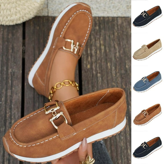 Miluxas Platform Loafers Women with Chain, Round Retro Toe Comfortable Slip On Work Loafers Khaki 9.5(43)