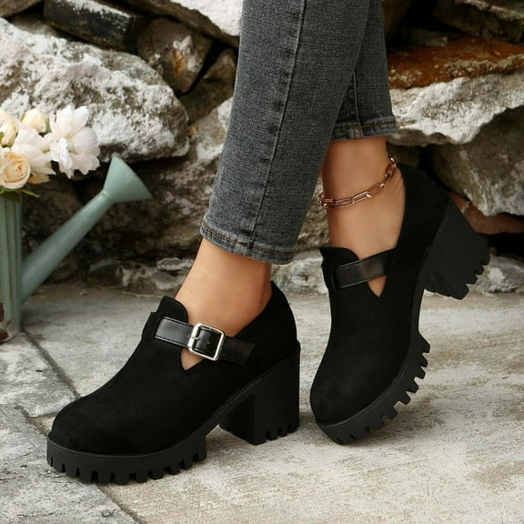 Miluxas Platform Loafers for Women: Casual Round Toe Suede Chunky Heeled Loafer Comfort Wedge Business Uniform Walking Shoes Black 9(42)
