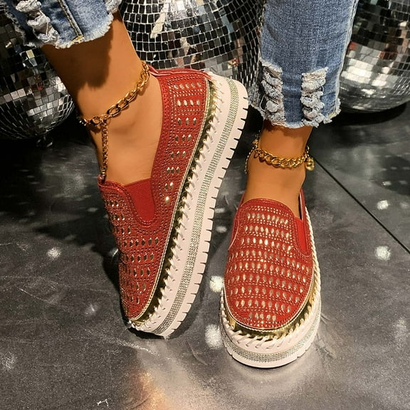 Miluxas Platform Rhinestones Glitter Sneaker for Women Sparkle Slip On Comfort Sneaker Flat Walking Loafers Platform Dress Shoes Red 7(39)