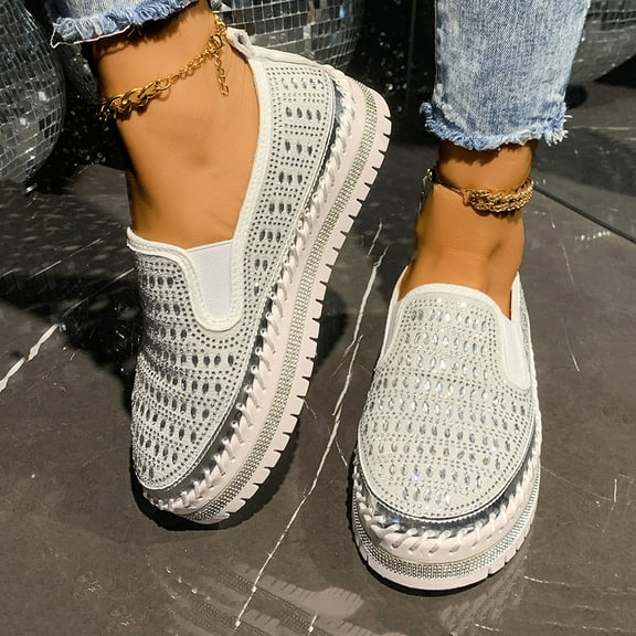 Miluxas Platform Rhinestones Glitter Sneaker for Women Sparkle Slip On Comfort Sneaker Flat Walking Loafers Platform Dress Shoes Silver 7(39)