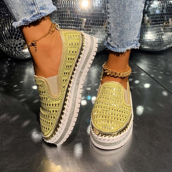 Miluxas Platform Rhinestones Glitter Sneaker for Women Sparkle Slip On Comfort Sneaker Flat Walking Loafers Platform Dress Shoes Yellow 7(39)
