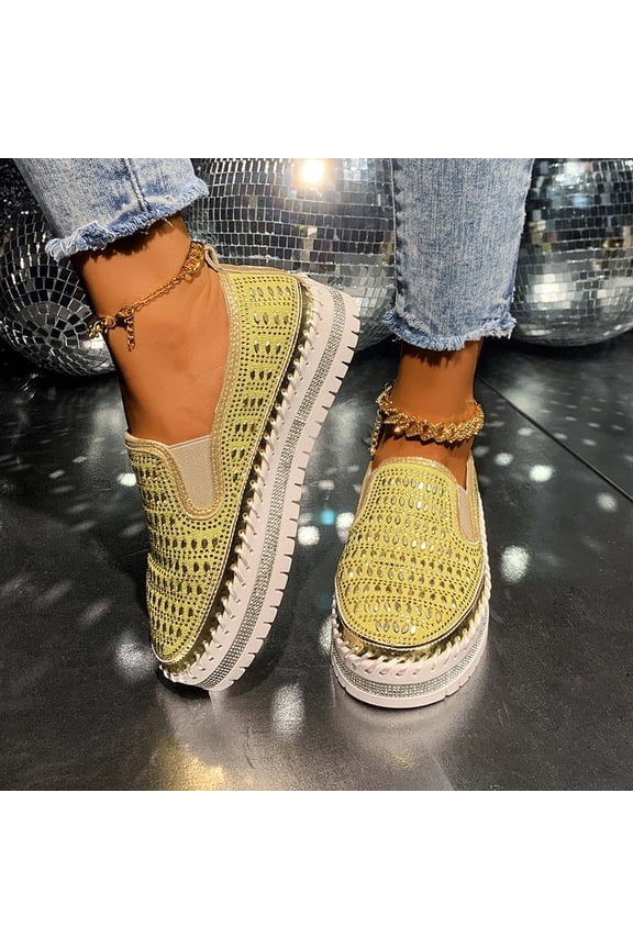 Platform Rhinestones Glitter Sneaker for Women Sparkle Slip On Comfort Sneaker Flat Walking Loafers Platform Dress Shoes Yellow 7(39)