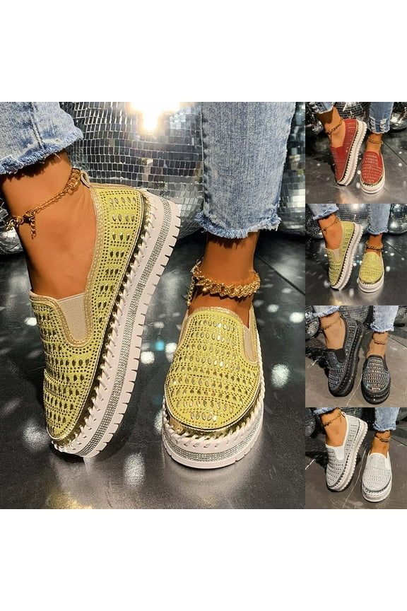 Platform Rhinestones Glitter Sneaker for Women Sparkle Slip On Comfort Sneaker Flat Walking Loafers Platform Dress Shoes Yellow 9.5(43)