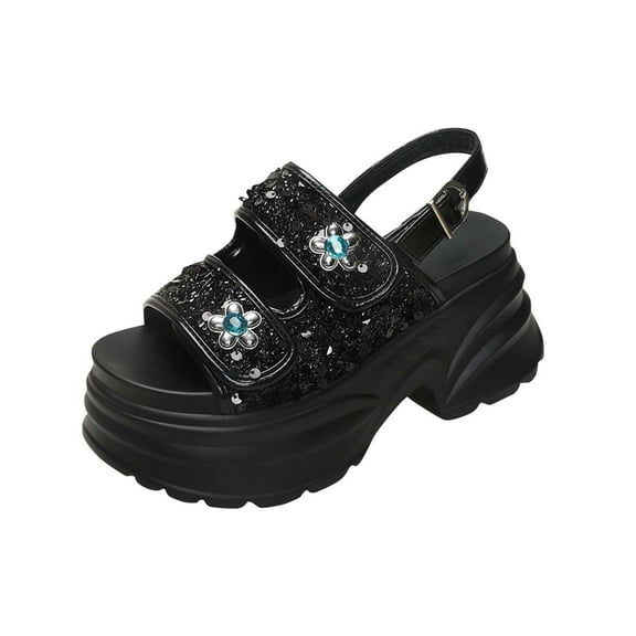 Miluxas Platform Sandals Women Footwear – Comfortable Shiny Leather Chunky Soled Summer Casual Beach Sandals for Women Black 6.5(38)