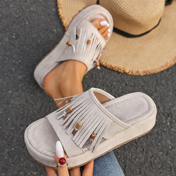 Miluxas Platform Sandals Women Footwear Open Toe Slide Beach Summer Flat Slipper with Tassel Lightweight Sandals for Women Beige 6.5(38)