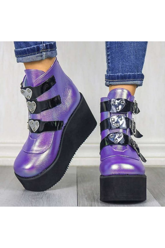Platform Wedge Ankle Booties Women Round Toe Lace up High Heel Combat Boots Purple 9(41)