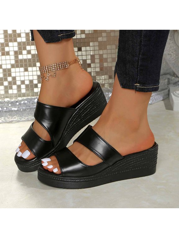 Platform Wedge Sandals Women Open Toe Slip on Two Strap Chunky Heeled Sandal for Summer Casual Dressy Black 9.5(43)