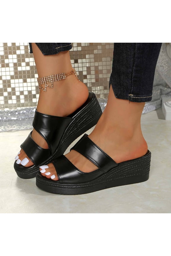 Platform Wedge Sandals Women Open Toe Slip on Two Strap Chunky Heeled Sandal for Summer Casual Dressy Black 9.5(43)