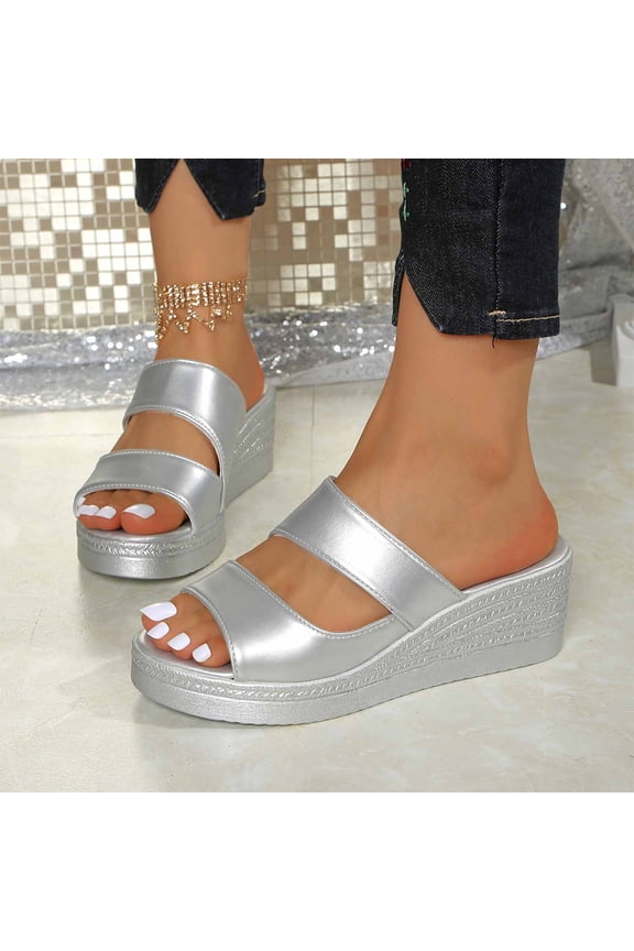 Platform Wedge Sandals Women Open Toe Slip on Two Strap Chunky Heeled Sandal for Summer Casual Dressy Silver 6(37)