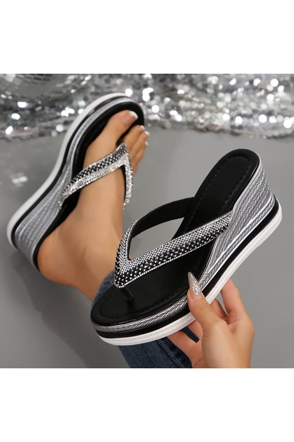 Platform Wedge Sandals for Women Rhinestone Thong Flip Flops Summer Clip Toe T-Strap Non Slip Slides Sandals Comfortable Slip on Beach Walking Slippers Black 9.5(43)
