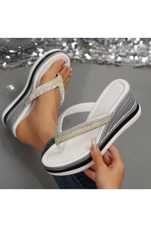 Platform Wedge Sandals for Women Rhinestone Thong Flip Flops Summer Clip Toe T-Strap Non Slip Slides Sandals Comfortable Slip on Beach Walking Slippers White 7.5(40)