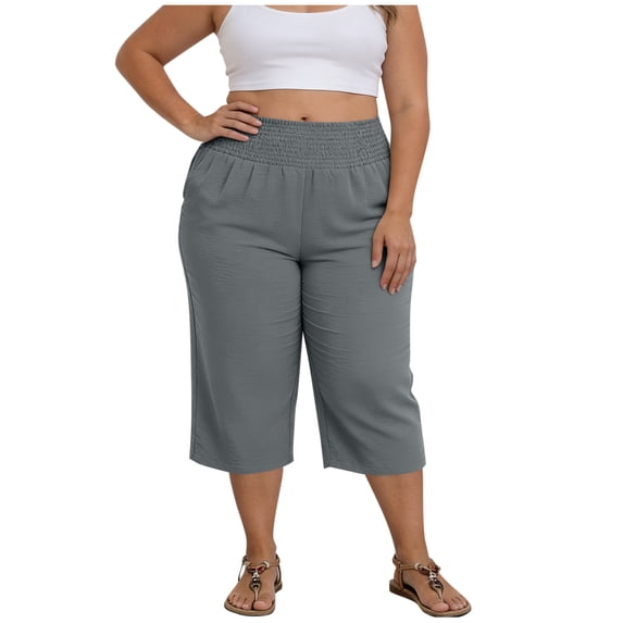 Miluxas Plus Size Capri Pants for Women Solid High Waisted Wide Leg Cropped Trousers Elastic Smock Waist Loose Flowy Pants for Daily Vacation Work Red