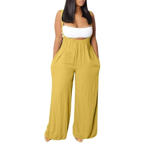 Miluxas Plus Size Jumpsuits for Women,Women's Sleeveless Loose Straps Solid High Waist Wide Leg Jumpsuit Rompers with Pocket On Yellow XL(XL)