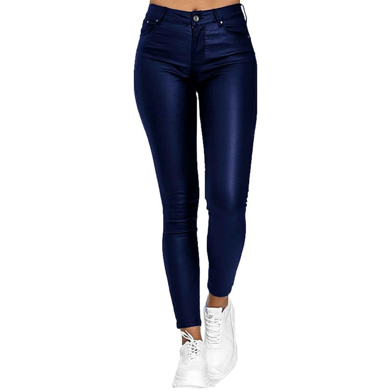 Miluxas Plus Size Leather Pants for Women,Women Solid Pockets Button High  Waist Faux Leather Long Pants On Clearance Blue 4(S)