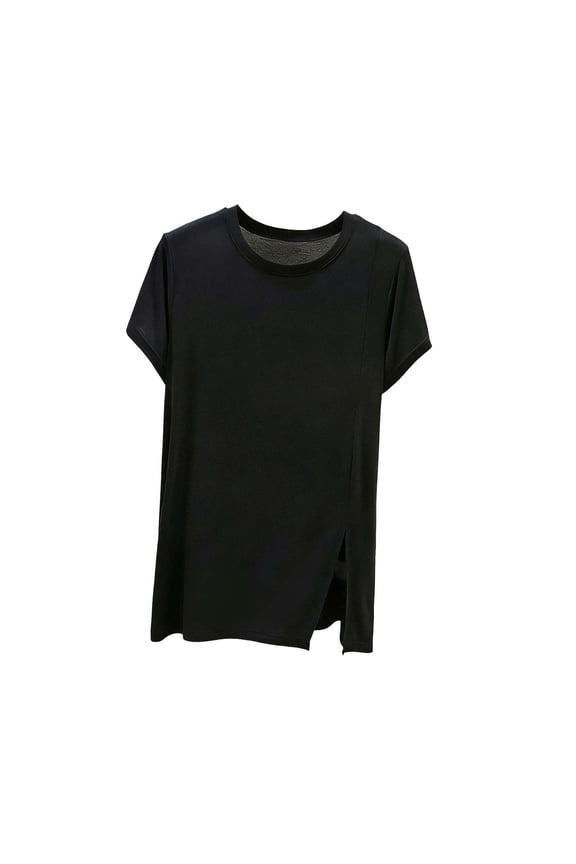 Plus Size Modal Blend Soft Short Sleeve T Shirts for Women Solid Color Round-Neck Comfy Basic Side Slit Loose Fit Tops Lounge Wear Black