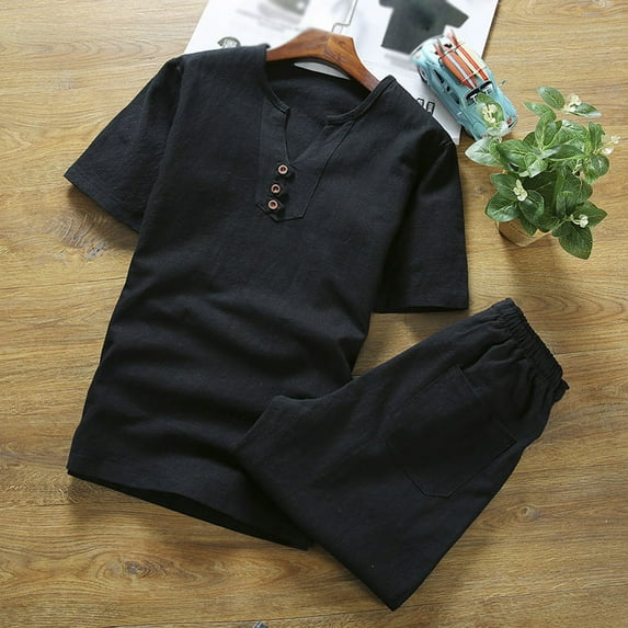 Miluxas Plus Size Pants Clearance,Mens Cotton Linen Set Solid Color Short-Sleeved T-Shirt Large Size Casual Set Black XXXL