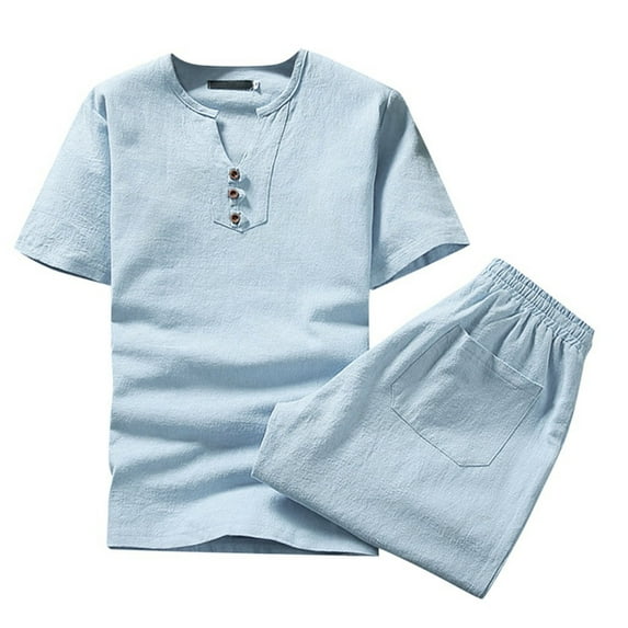 Miluxas Plus Size Pants Clearance,Mens Cotton Linen Set Solid Color Short-Sleeved T-Shirt Large Size Casual Set Blue XXL(XXL)