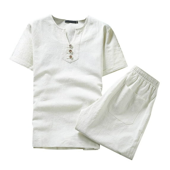 Miluxas Mens Cotton Linen Set Solid Color Short-Sleeved T-Shirt Large Size Casual Set On White XXL(XXL)