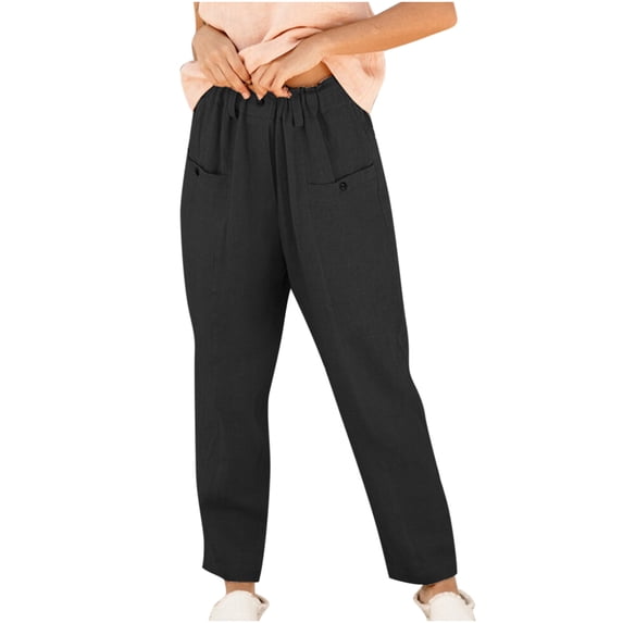 Miluxas Plus Size Pants for Women,Women's Loose Cotton Linen Ladies Solid Elastic Waist Wide-leg Button Pants On Black 10(XL)