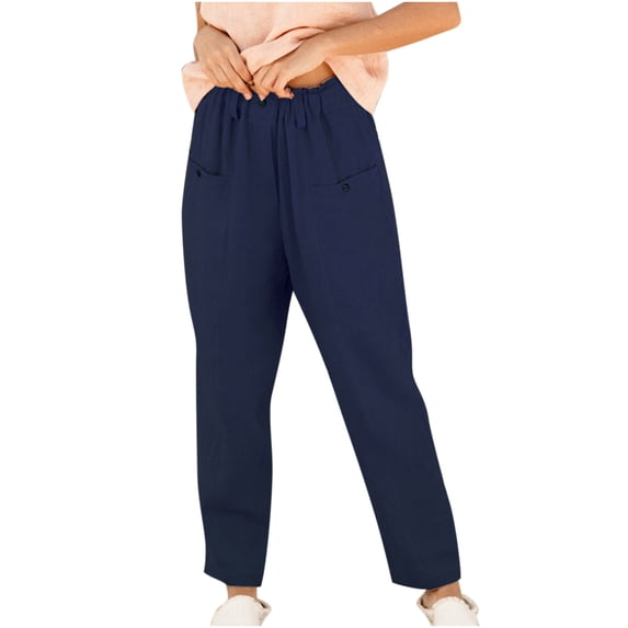 Miluxas Plus Size Pants for Women,Women's Loose Cotton Linen Ladies Solid Elastic Waist Wide-leg Button Pants On Navy 8(L)