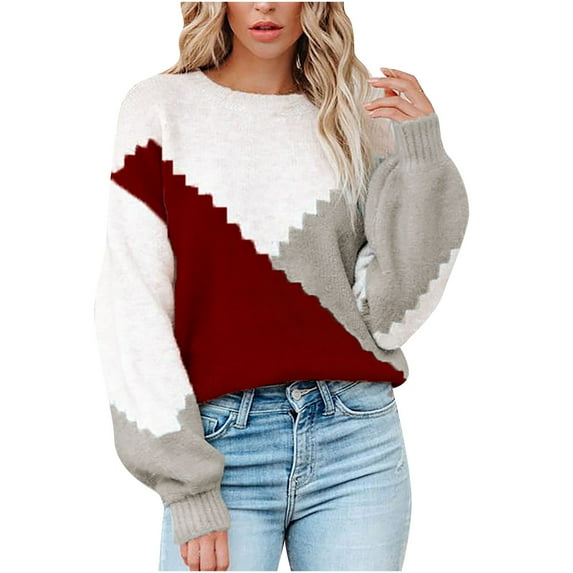 Miluxas Plus Size Sweater Tops On Seasonal Clearance Women's Long Sleeves Crew Neck Loose Color Matching Tops Blouse Knitted Sweater Red 10(XL)