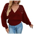 thumbnail image 1 of Miluxas Plus Size Sweater Tops On Seasonal Clearance Women's V-Neck Winter Pearl Solid Long Sleeve Pullover Tops Sweaters Wine 4(S), 1 of 5