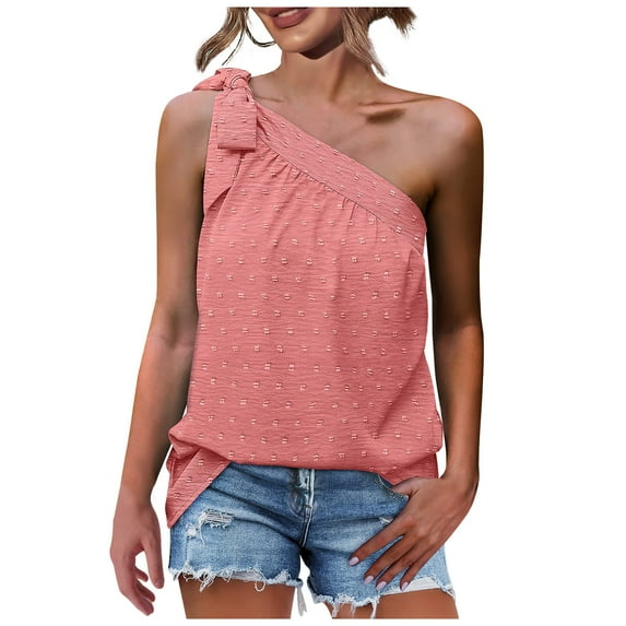 Miluxas Plus Size Tank Tops Clearance One Shoulder Tops for Women Summer Chiffon Shirts Tie Bow Knot Sleeveless Tank Tops Loose Fit Watermelon Red 10(XL)