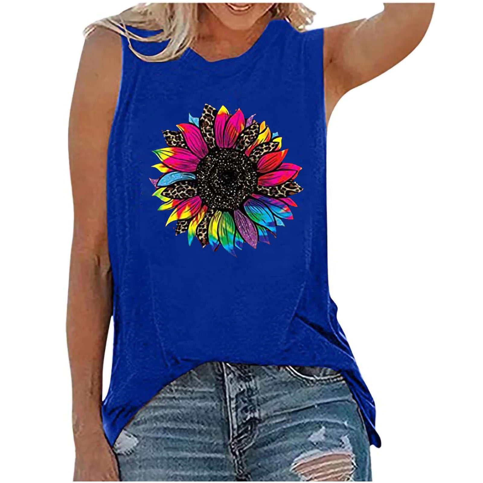 Miluxas Plus Size Tank Tops Clearance Womens Tank Tops Loose Fit Plus Size Sunflower Printed Tee