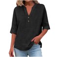 thumbnail image 1 of Miluxas Plus Size Women's Solid 3/4 Sleeve V Neck Blouse Summer Textured Cotton Linen Loose Fit Casual T Shirts Black, 1 of 9