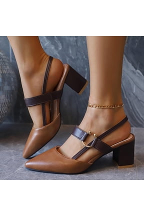 Pointed Sling Back Block Heels Women's Dress Strappy Chunky Heels Shoes for Women Closed Toe Low Heel Comfortable Party Slip on Mules Pumps Brown 5.5(36)