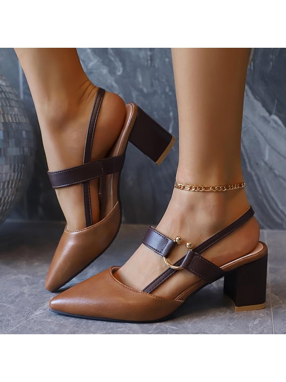 Pointed Sling Back Block Heels Women's Dress Strappy Chunky Heels Shoes for Women Closed Toe Low Heel Comfortable Party Slip on Mules Pumps Brown 8.5(41)